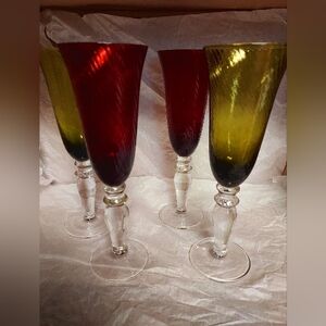 Vintage Handblown Swirl Red and Green Flutes/Goblets set of 4.